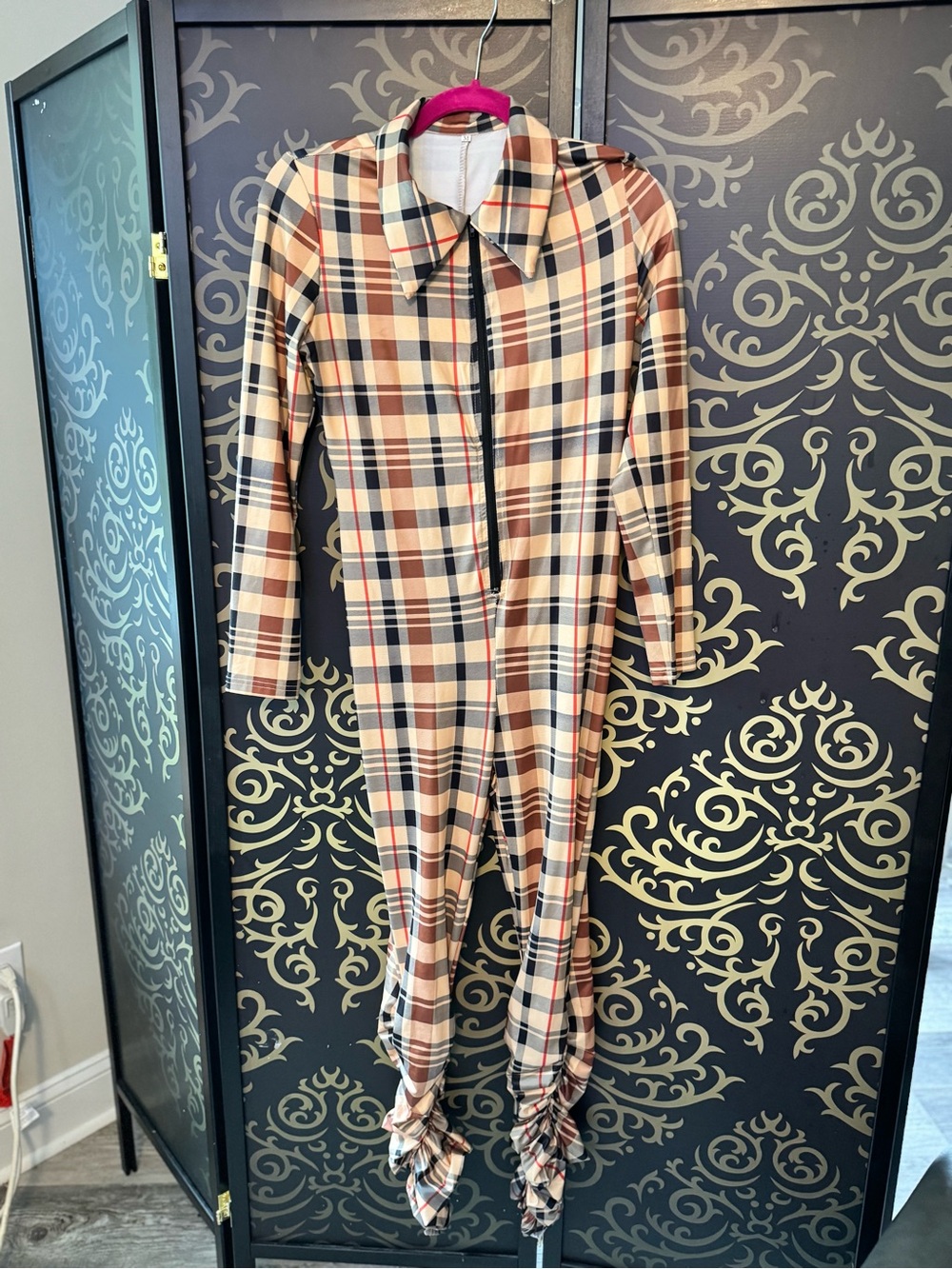 Plaid Zip-Front Women's Jumpsuit - Beige Multi